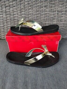 GUESS Gold Bow Jelly Flip Flop Sandals Black Size 8M Women's